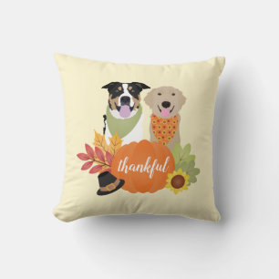 Thankful Dogs Thanksgiving Harvest Pumpkins Throw Pillow