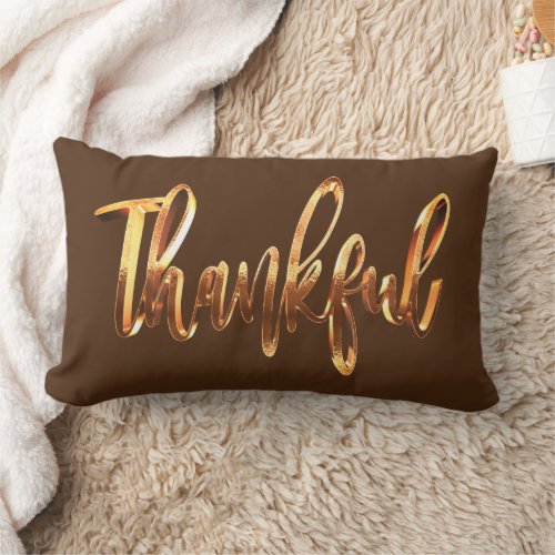 Thankful Elegant Brown Orange Script Thanksgiving Lumbar Pillow