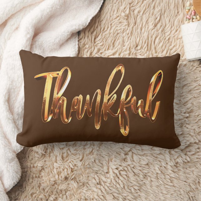 Thankful Elegant Brown Orange Script Thanksgiving Lumbar Pillow (Blanket)