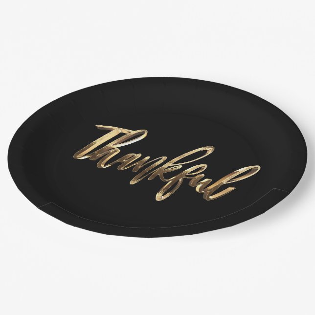 Thankful Elegant Faux Gold Script Thanksgiving Paper Plates (Angled)