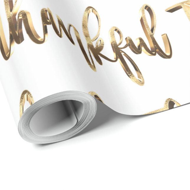 Thankful Elegant Faux Gold Script Thanksgiving Wrapping Paper (Roll Corner)