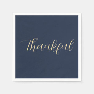 Thankful Elegant Gold Script Thanksgiving Blue Napkins