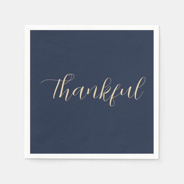 Thankful Elegant Gold Script Thanksgiving Blue Napkins (Front)