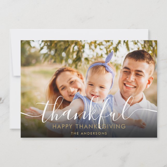 Thankful Elegant Script Photo Thanksgiving Holiday Card (Front)
