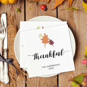 Thankful Fall Autumn Leaves Orange Calligraphy Napkins