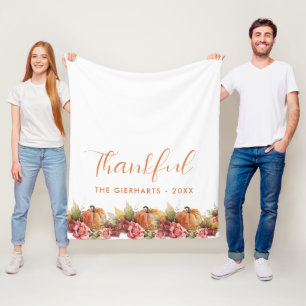 Thankful Fall Autumn Orange Pumpkin Thanksgiving Fleece Blanket