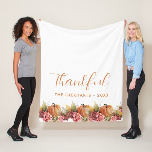 Thankful Fall Autumn Orange Pumpkin Thanksgiving Fleece Blanket