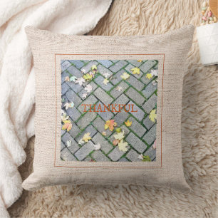 THANKFUL Fall Leaves Sidewalk Burlap Photo Art Throw Pillow