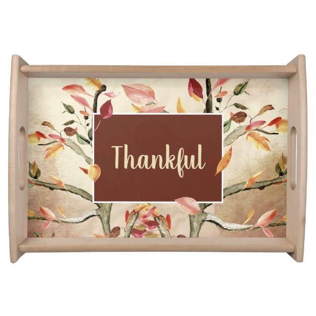 Thankful Fall Watercolor Leaves Serving Tray (Front)
