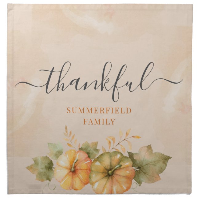 Thankful Family Fall Pumpkin Thanksgiving Cloth Napkin (Front)