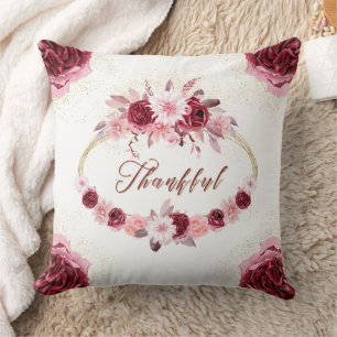 THANKFUL Fancy Script Burgundy Floral Gold Wreath  Throw Pillow