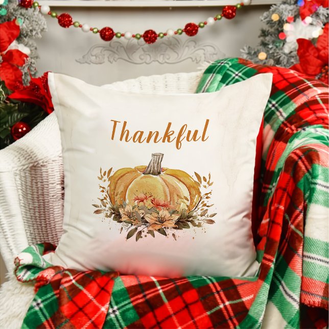 Thankful Floral Fall Pumpkin Thanksgiving Throw Pillow (Creator Uploaded)