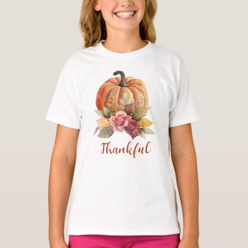 Thankful Floral Orange Pumpkin Autumn Thanksgiving T_Shirt