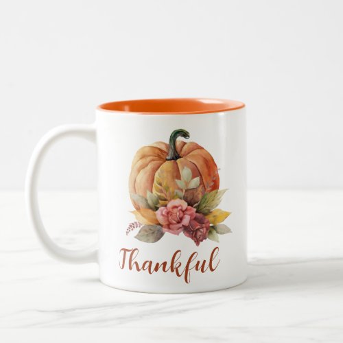 Thankful Floral Pumpkin Fall Autumn Thanksgiving Two_Tone Coffee Mug