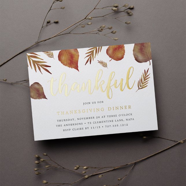 Thankful Foliage | Thanksgiving Dinner Foil Invitation (Creator Uploaded)