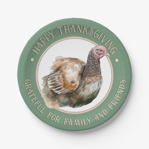 Thankful for Family and Friends Watercolor Turkey Paper Plates