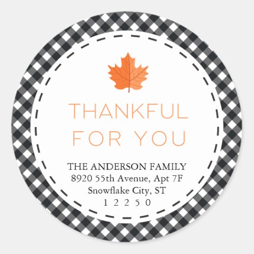 Thankful For You Black  White Plaid Thanksgiving Classic Round Sticker