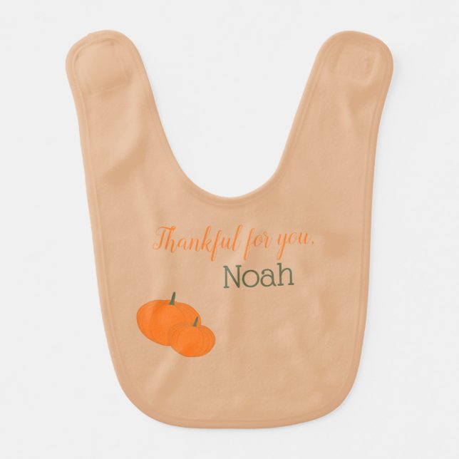 "Thankful for you" Custom Name, Light Brown Baby Bib (Front)