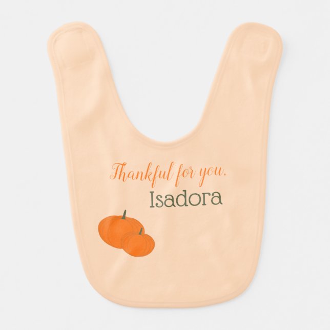 "Thankful for you" Custom Name, Peach  Baby Bib (Front)