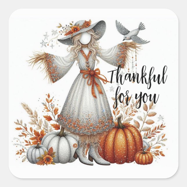Thankful for you, Scarecrow and Pumpkins Square Sticker (Front)