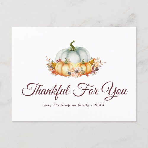 Thankful for you  thanksgiving holiday postcard