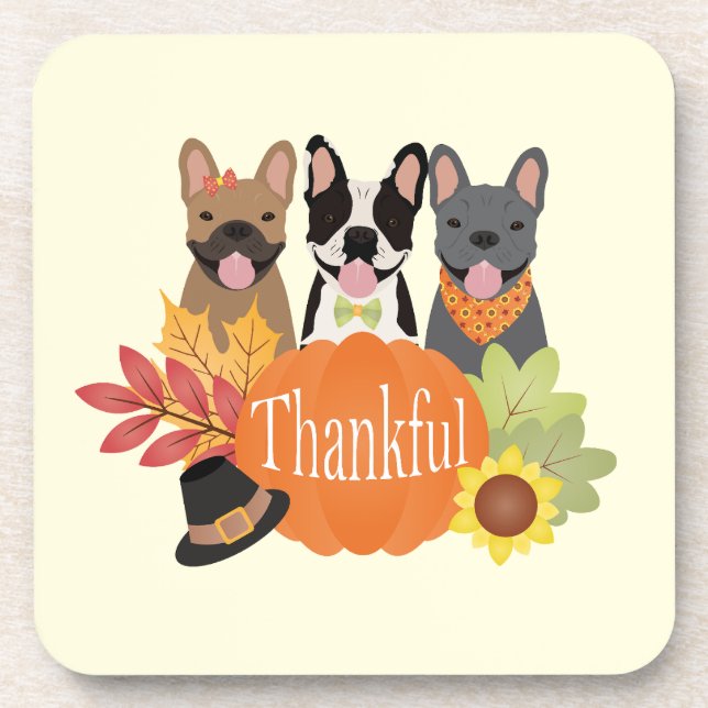 Thankful French Bulldogs Thanksgiving Beverage Coaster (Front)