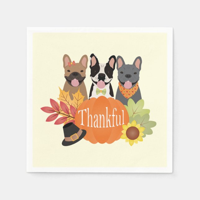 Thankful French Bulldogs Thanksgiving Napkins (Front)