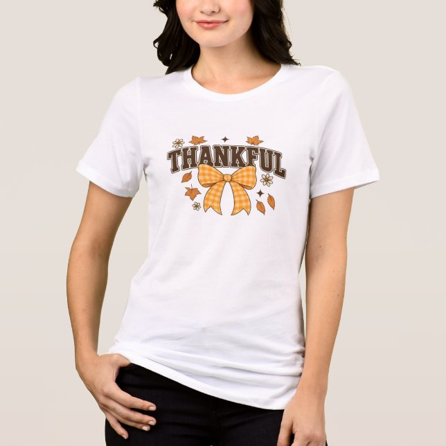 Thankful Gingham Bow Fall Leaves Typography Design Tri-Blend Shirt (Front)