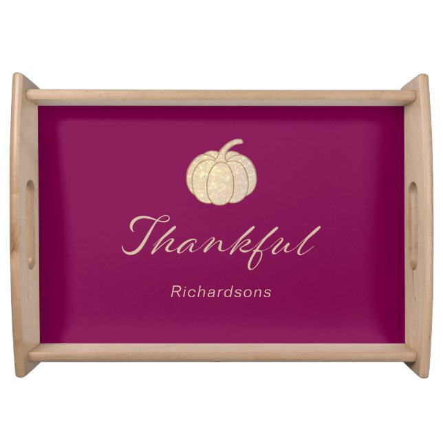 Thankful Glitter Pumpkin Burgundy personalized Serving Tray (Front)