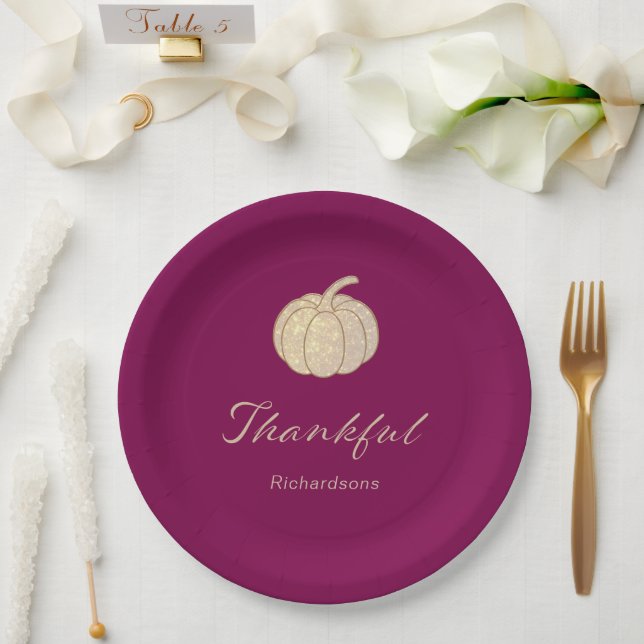 Thankful Glitter Pumpkin burgundy Thanksgiving Paper Plates (Wedding)