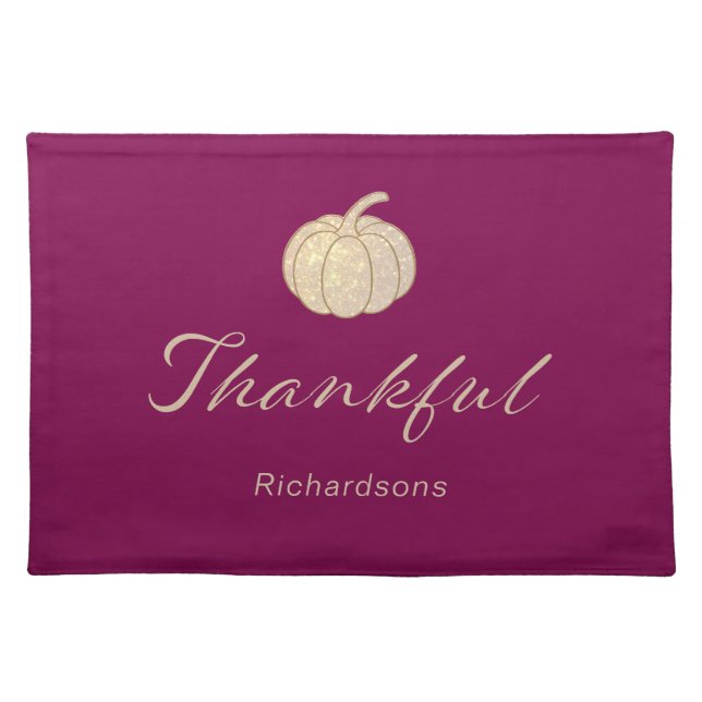Thankful Glitter Pumpkin Thanksgiving burgundy Cloth Placemat (Front)