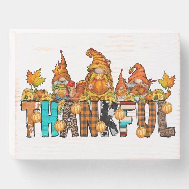 Thankful Gnomes Fall Thanksgiving Autumn Pumpkins Wooden Box Sign (Front Horizontal)