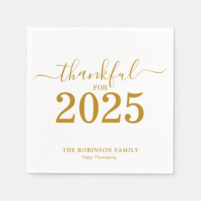 Thankful Gold Script Personalized Thanksgiving Napkins (Front)