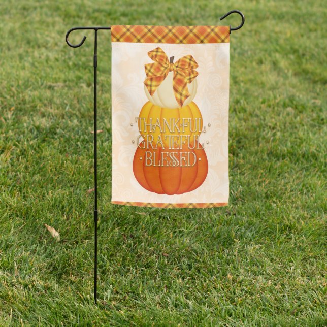 Thankful Grateful and Blessed Stack of Pumpkins Garden Flag (In SItu)