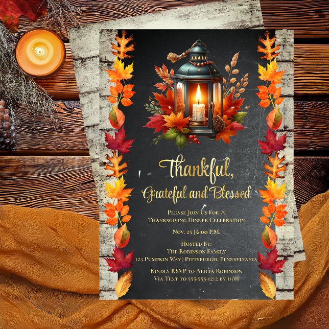 Thankful Grateful and Blessed Thanksgiving Dinner  Foil Invitation ("Thankful, Grateful and Blessed" Candlelit Lantern with Autumn | Fall Leaves Thanksgiving Invitation)
