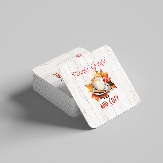 Thankful, Grateful, and Cozy – Thanksgiving Square Paper Coaster (Creator Uploaded)