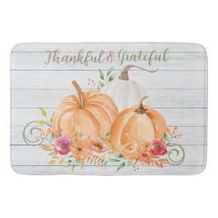 Thankful Grateful Autumn Fall Pumpkin Watercolor Bath Mat