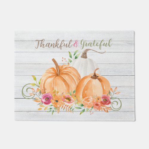Thankful Grateful  Autumn Fall Pumpkin Watercolor Doormat
