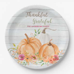 Thankful Grateful   Autumn Fall Pumpkin Watercolor Paper Plates
