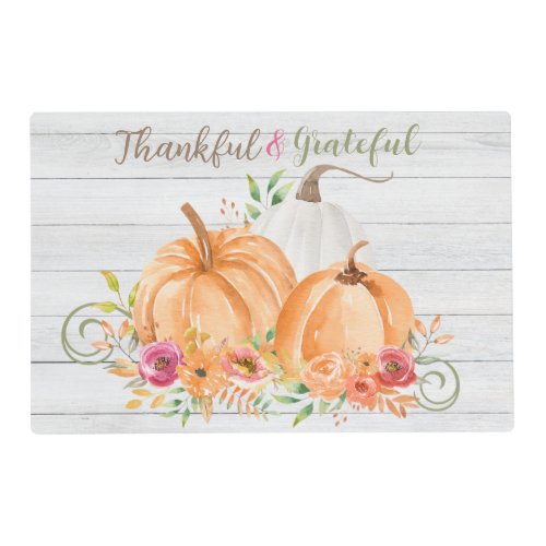 Thankful Grateful  Autumn Fall Pumpkin Watercolor Placemat