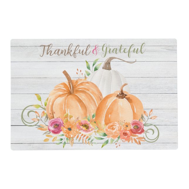 Thankful Grateful | Autumn Fall Pumpkin Watercolor Placemat (Front)