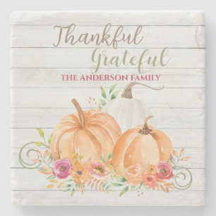 Thankful Grateful   Autumn Fall Pumpkin Watercolor Stone Coaster