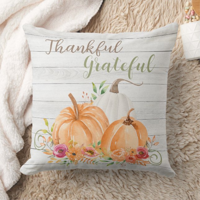 Thankful Grateful | Autumn Fall Pumpkin Watercolor Throw Pillow (Blanket)