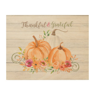 Thankful Grateful Autumn Fall Pumpkin Watercolor Wood Wall Art