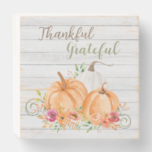 Thankful Grateful Autumn Fall Pumpkin Watercolor Wooden Box Sign