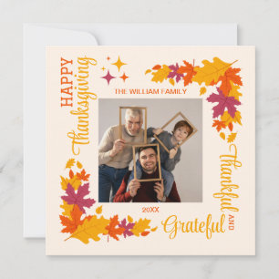 Thankful Grateful Autumn Leave Thanksgiving Photo Holiday Card