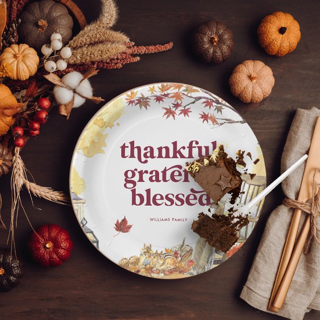 Thankful Grateful | Autumn Thanksgiving Monogram Paper Plates (Creator Uploaded)