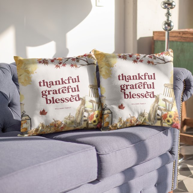Thankful Grateful | Autumn Thanksgiving Monogram Throw Pillow (Creator Uploaded)