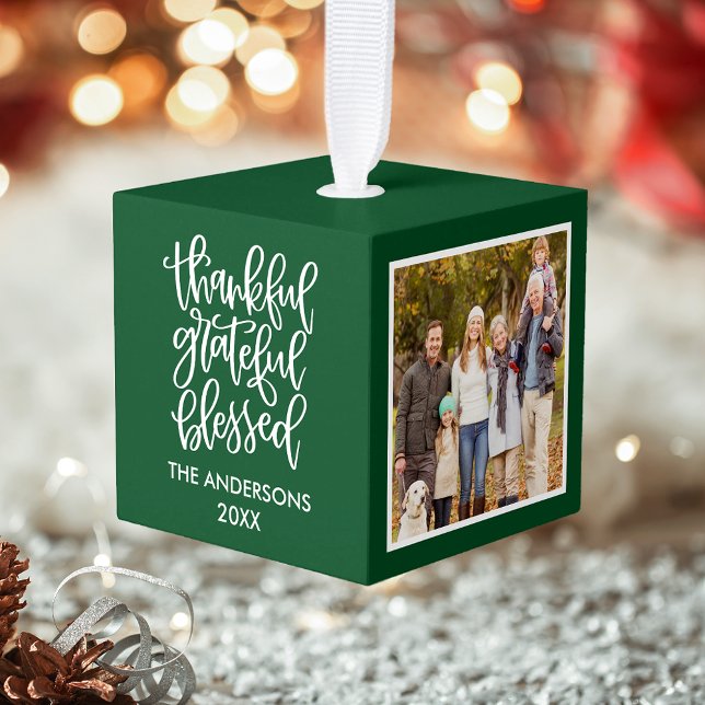 Thankful Grateful Blessed 3 Photo Collage Green Cube Ornament (Customize with your name, photos and year.)