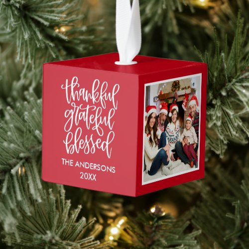 Thankful Grateful Blessed 3 Photo Collage Red Cube Ornament